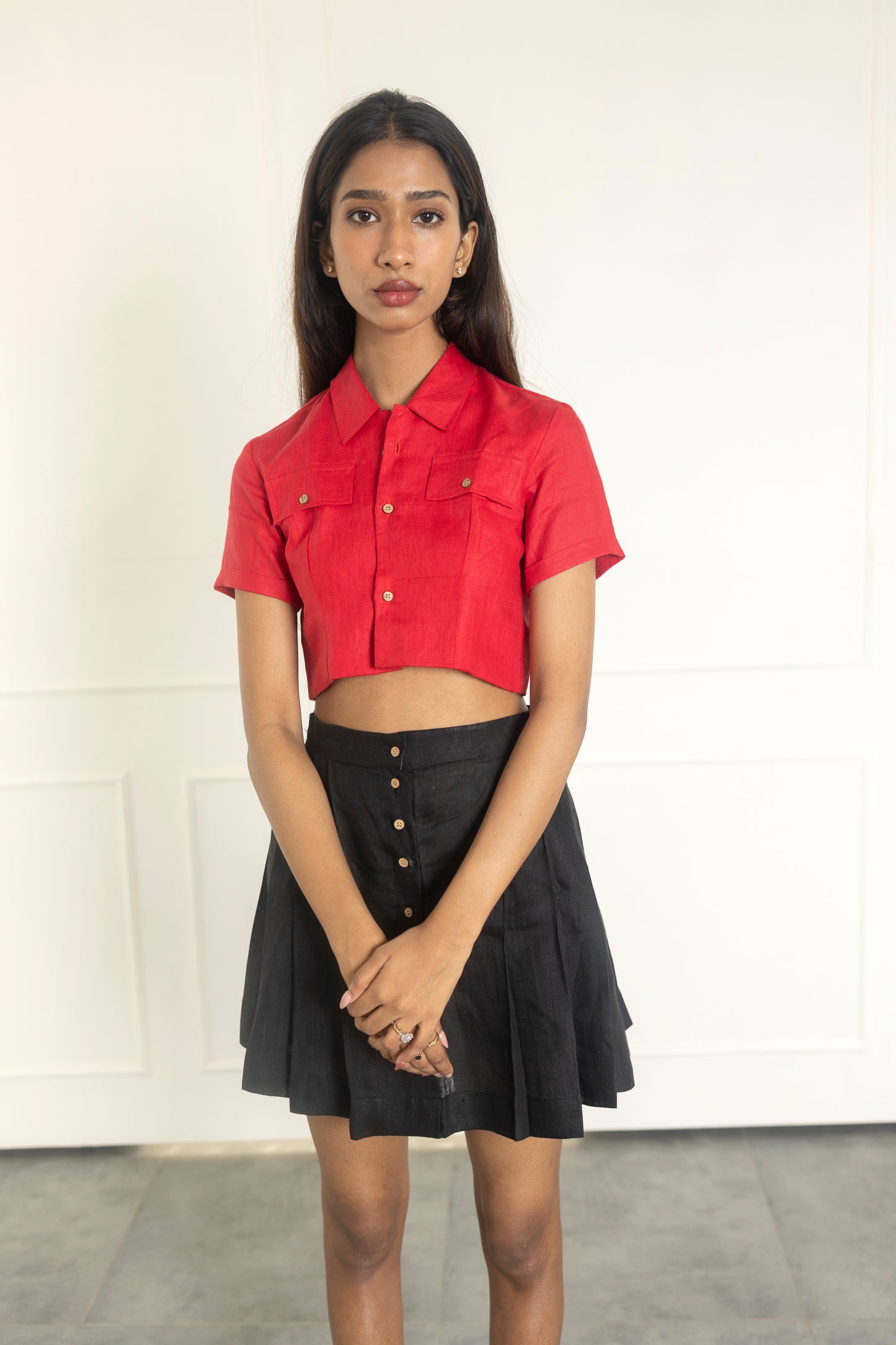 black skirt with red shirt