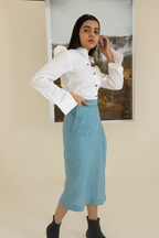 White Shirt  and Blue Skirt