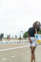 Button -down Black shirt and White Shorts