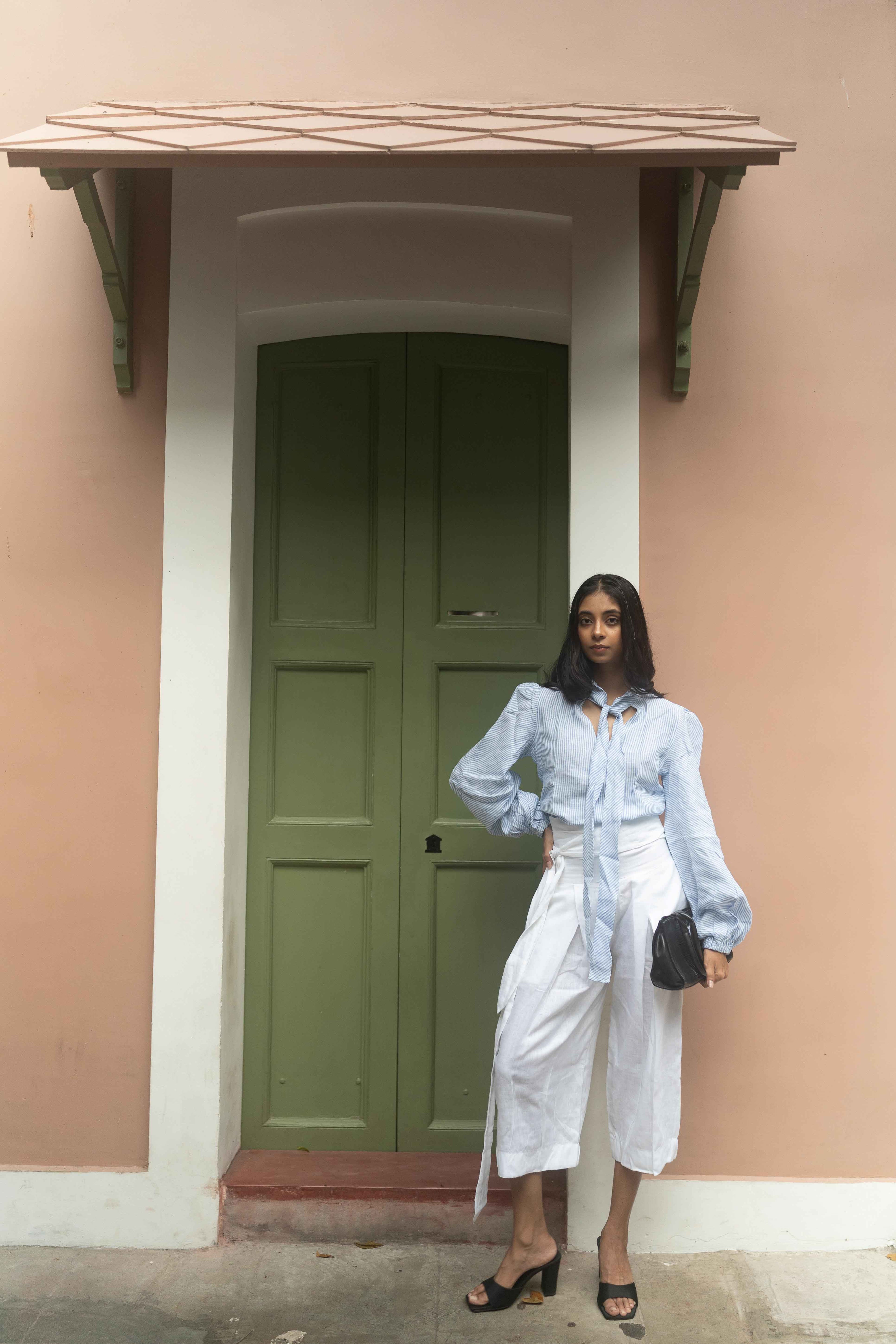 Light Blue Puff-Sleeve & White Culottes
