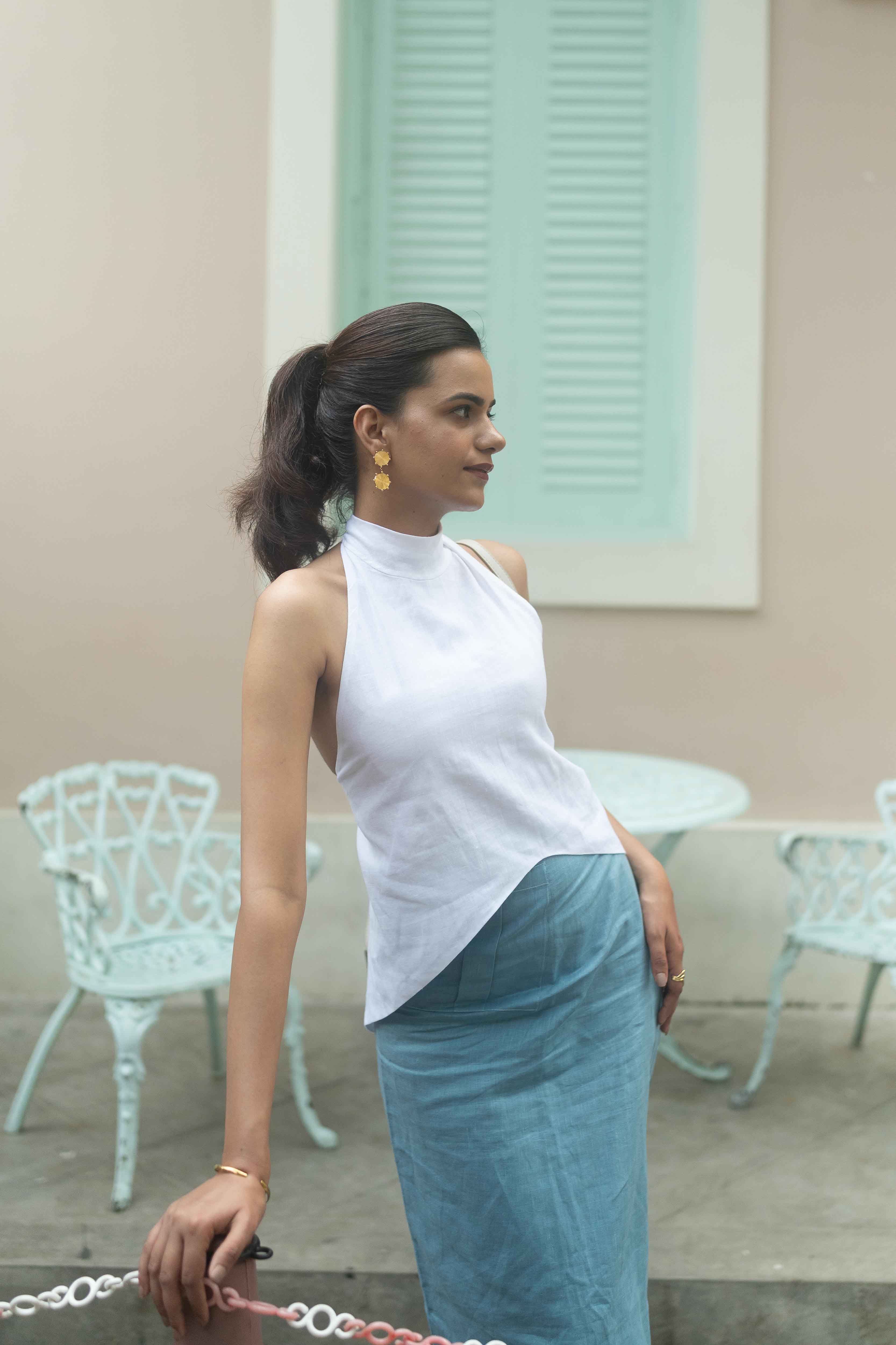 White Halter Top with Linen Blue Skirt