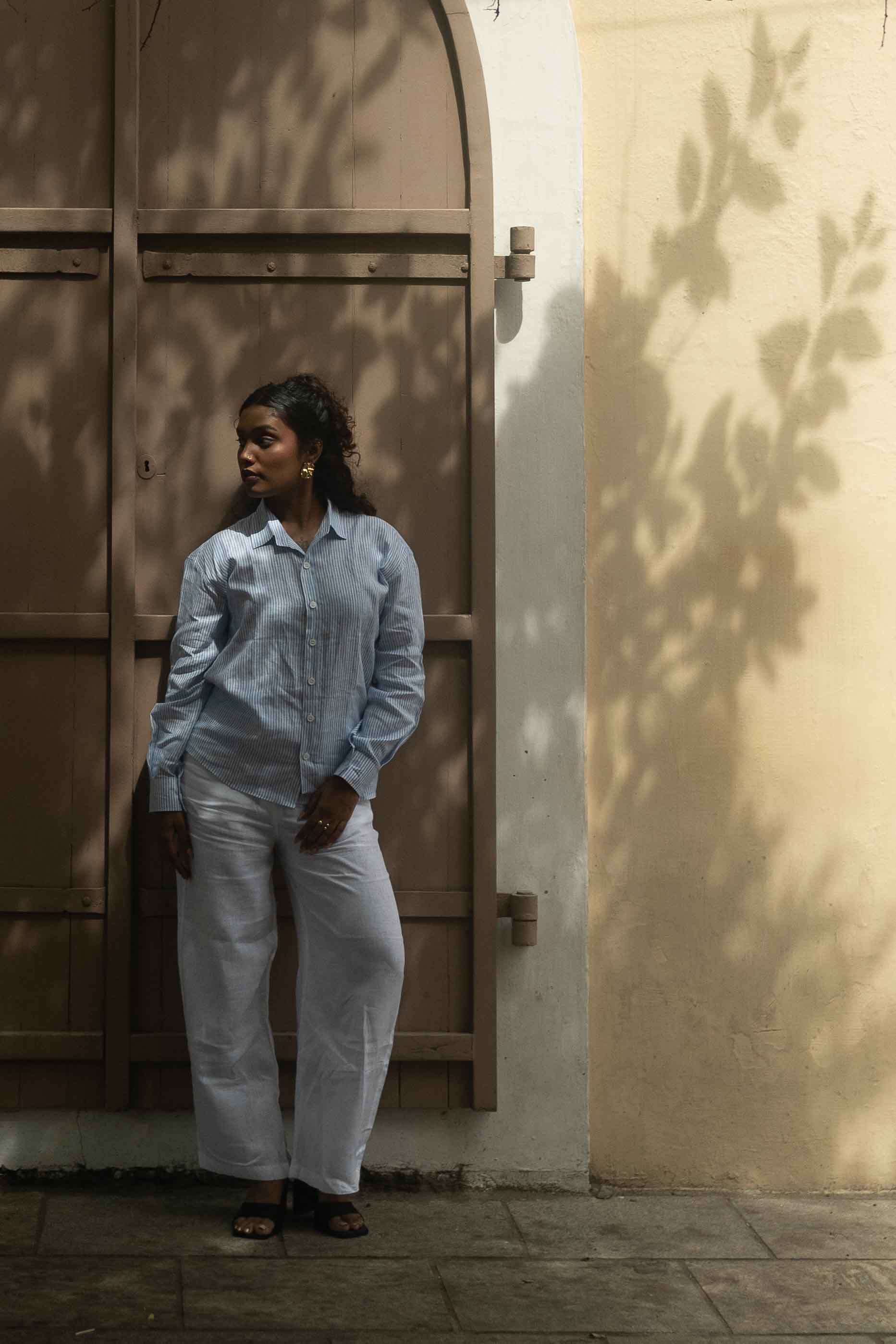 Light Blue Button-Up & White Wide-Legs