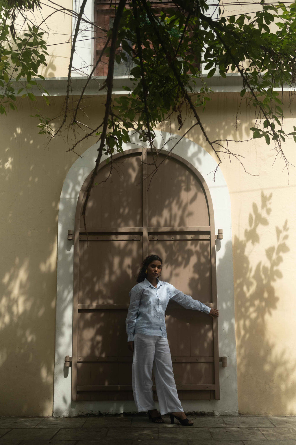 Light Blue Button-Up & White Wide-Legs