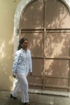 Light Blue Button-Up & White Wide-Legs