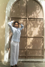 Light Blue Button-Up & White Wide-Legs