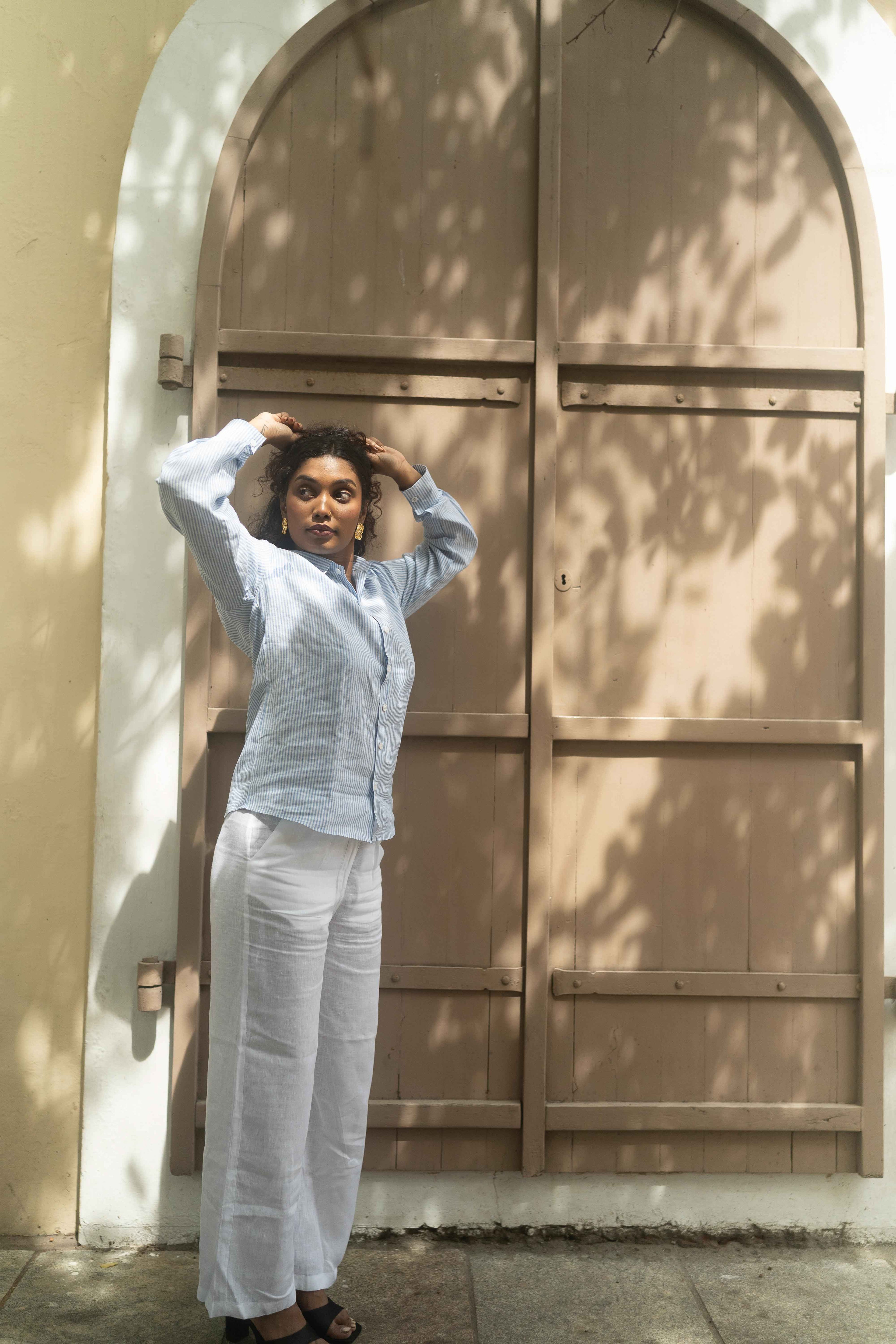 Light Blue Button-Up & White Wide-Legs