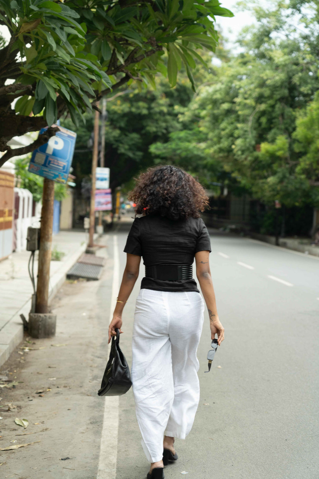 Black Blouse & White Trousers