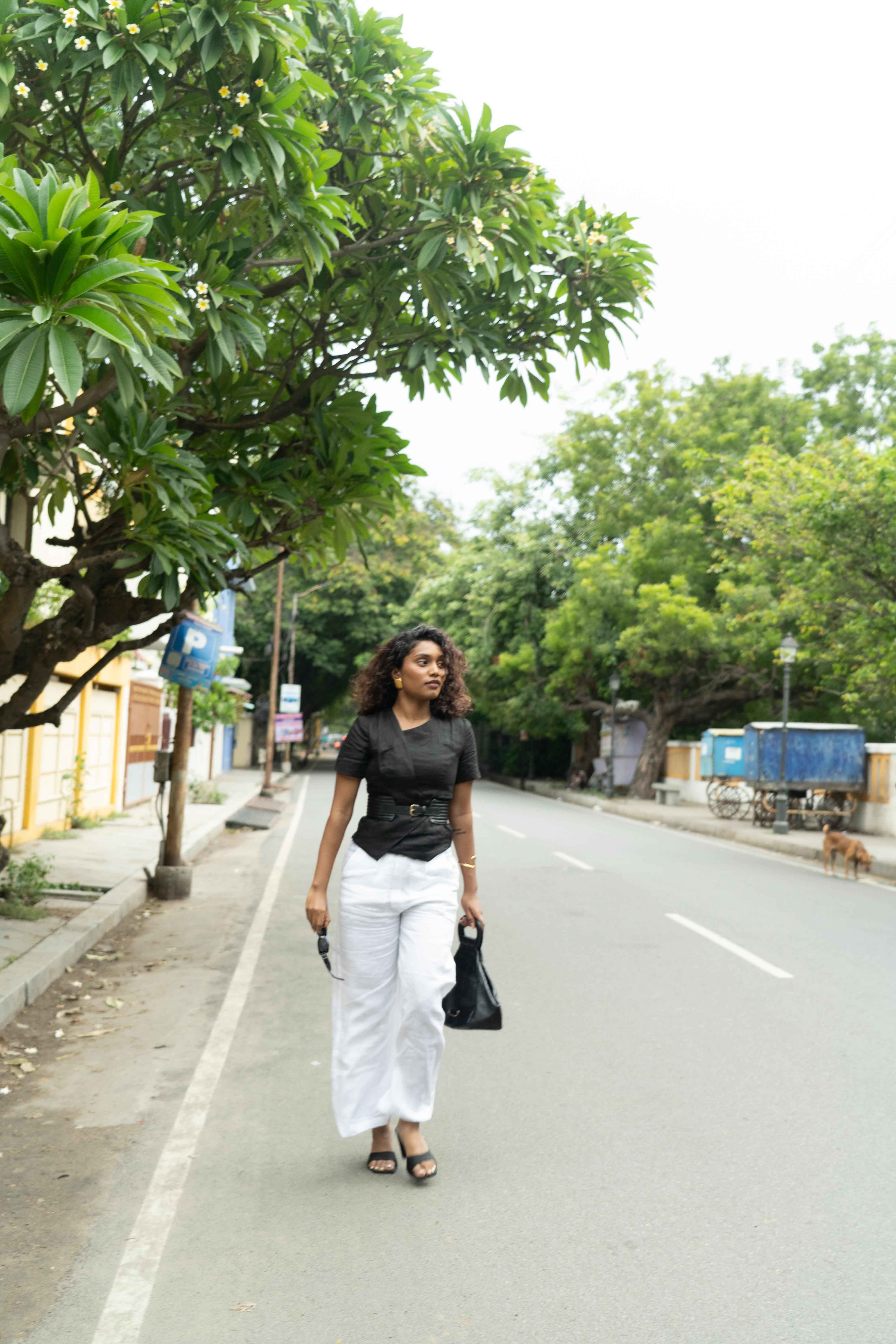 Black Blouse & White Trousers