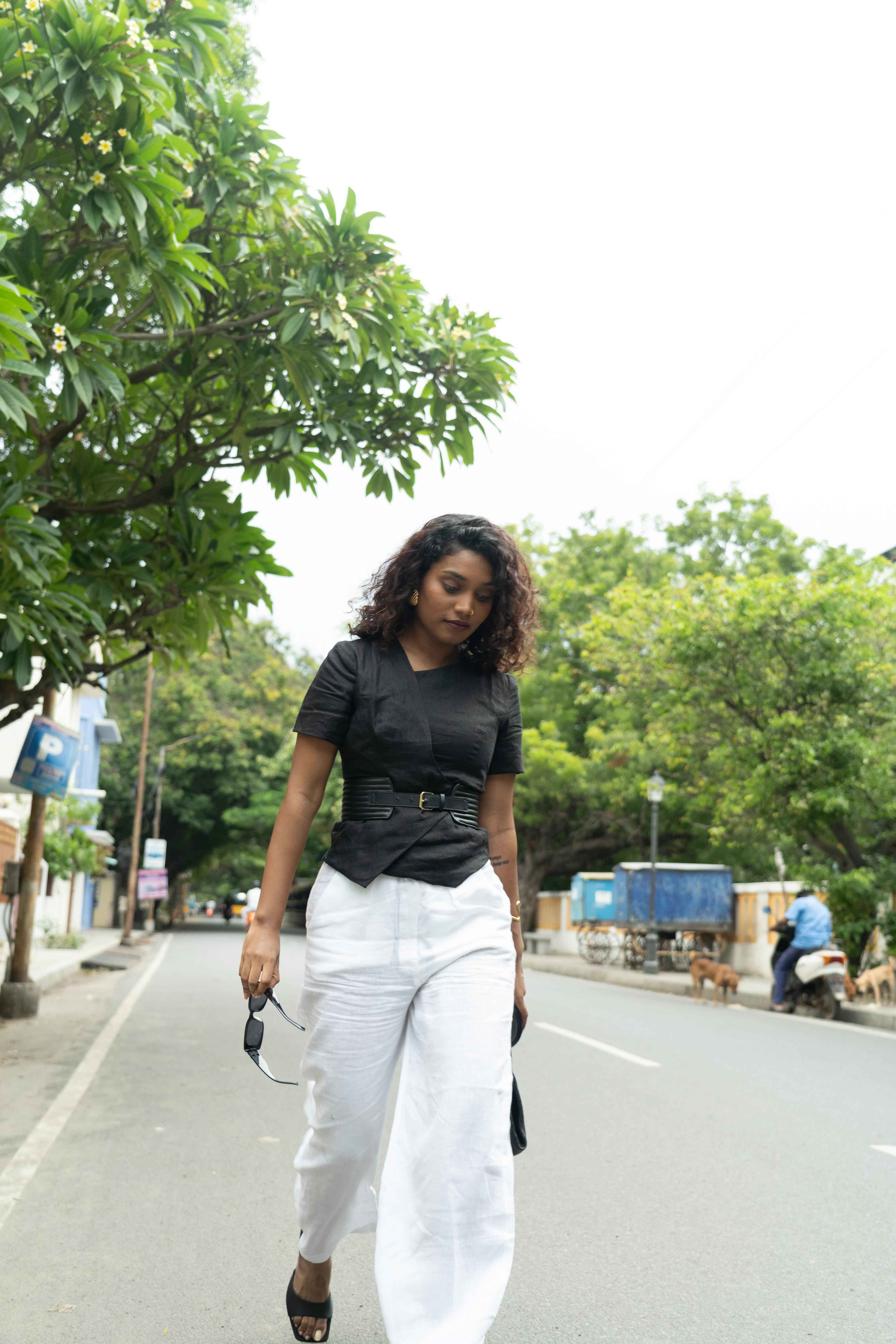 Black Blouse & White Trousers