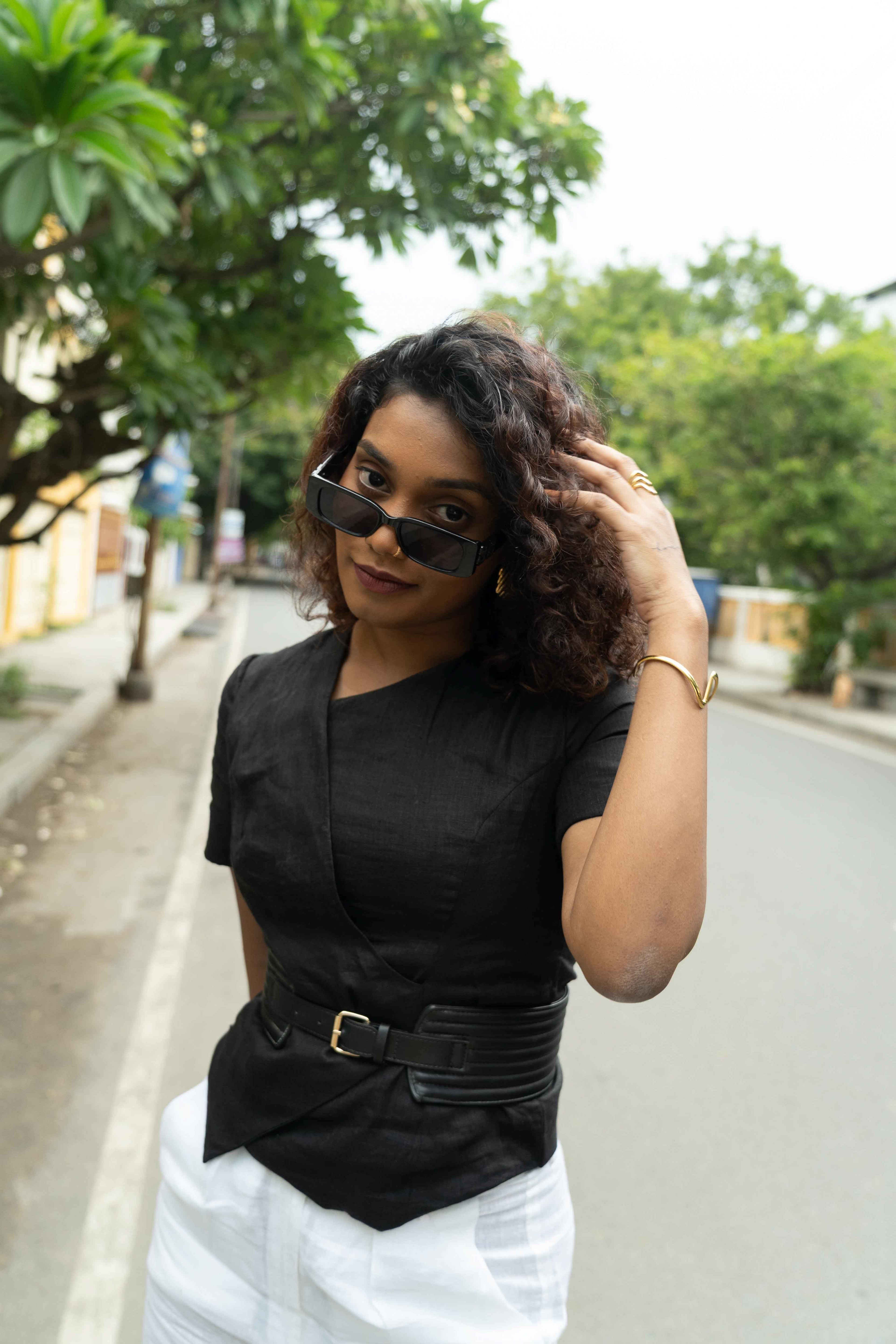 Black Blouse & White Trousers