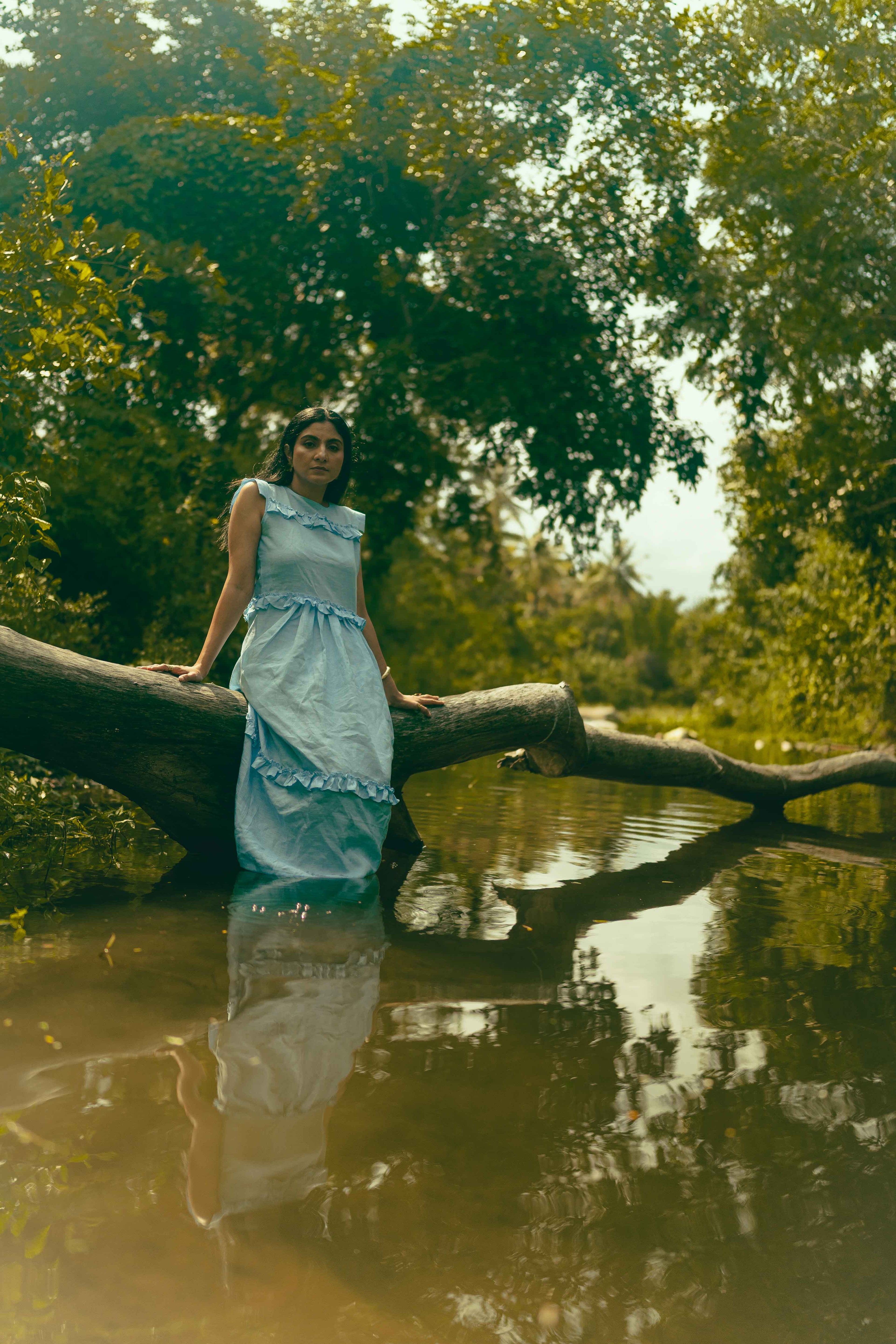 Blue Ruffled Midi Dress